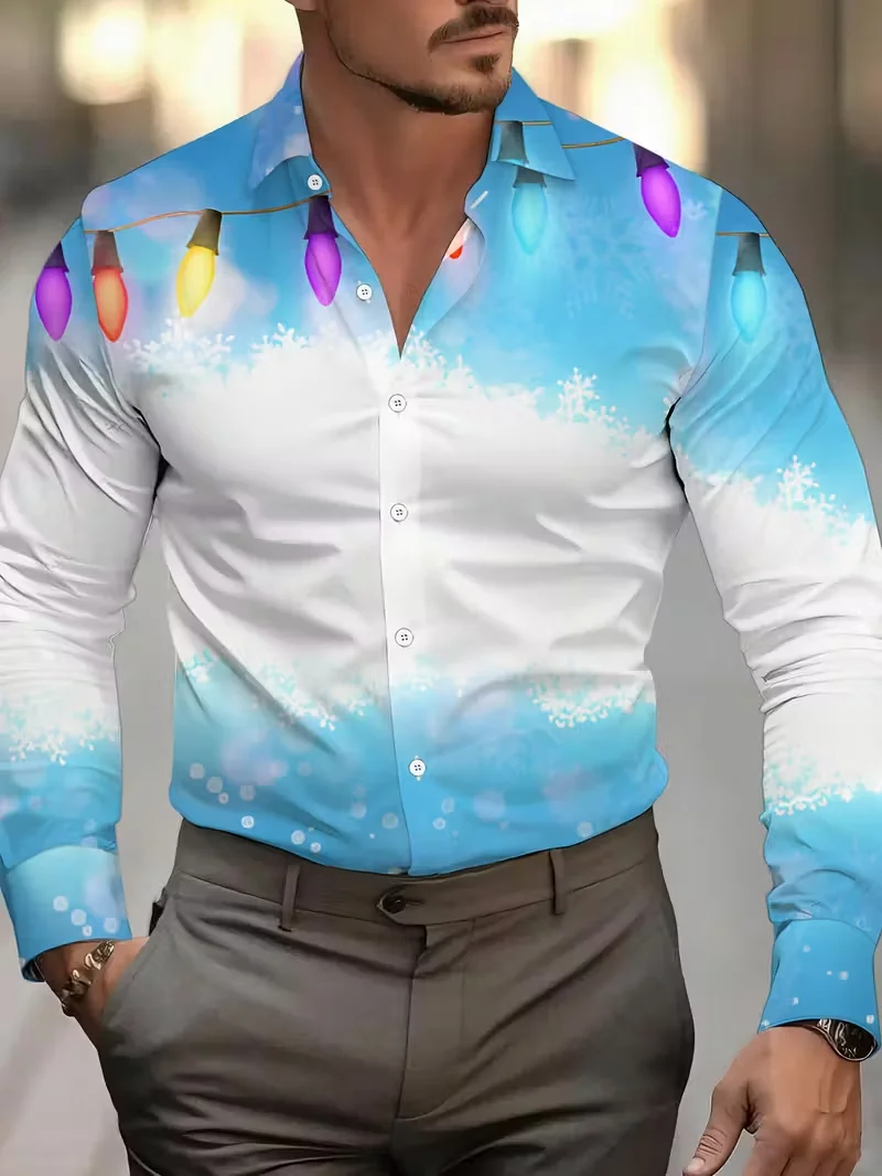 Men's retro 3D checkered printed long sleeved shirt, fashionable and luxurious long sleeved top, men's lapel shirt