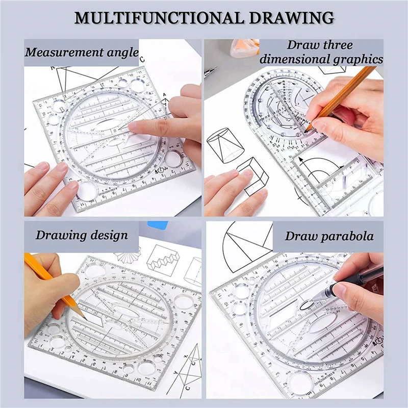 12 Pcs Multifunctional Geometric Ruler Drawing Tools Plastic Ruler Set Mathematics Measuring Circle Drawing Rulers