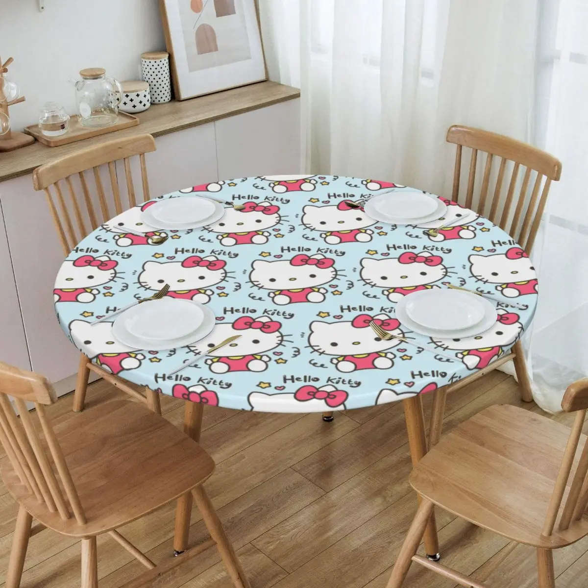 Round Waterproof Oil-Proof Hello Kitty Tablecloth Backing Elastic Edge Table Covers 40