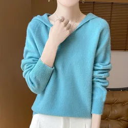 New Fashion Autumn/Winter Merino Wool Pullover Hooded Knitwear Solid Color Long Sleeve Basic Top 100% Pure Wool Knitwear-WQ713