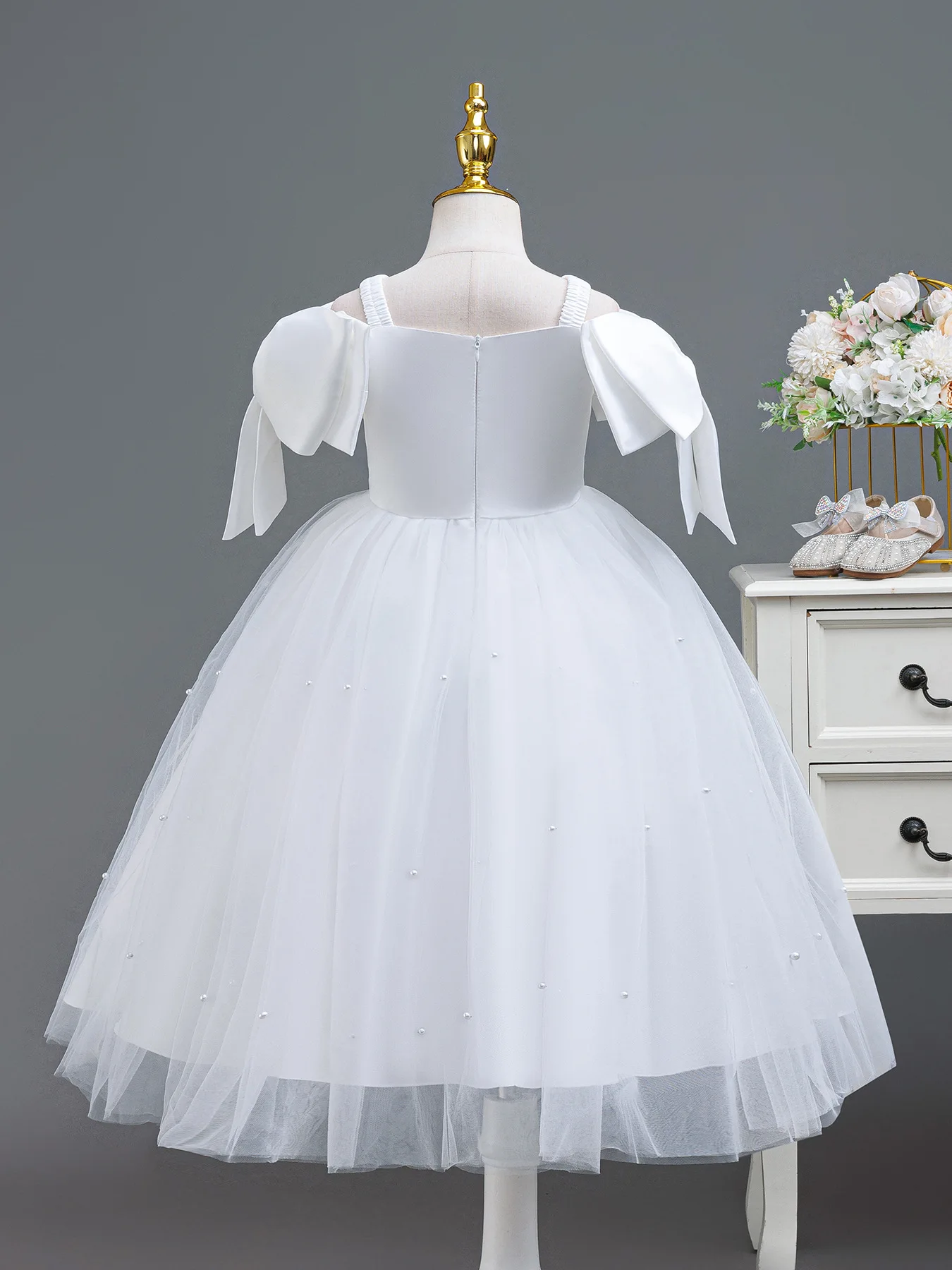HETISO Two Bows Children's Dress Tutu Lace Kids Dresses for Weddings Summer Girls Evening Gown 4-12 Years