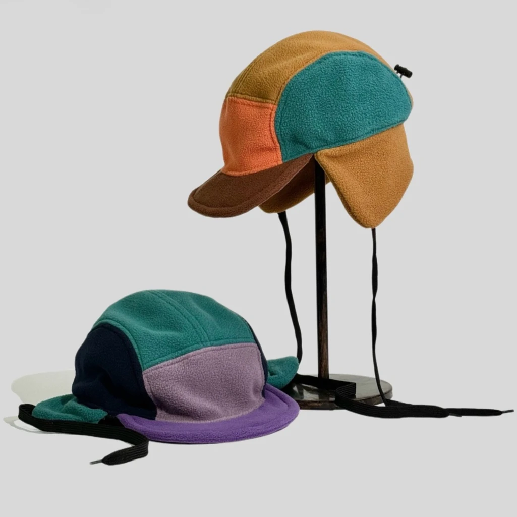 AliExpress NONE Japanese Windproof  Warm Bomber Hat Women Color Matching 5-Panel Cycling Cap Fleece Autumn Winter Ear Protection Basaeball Cap