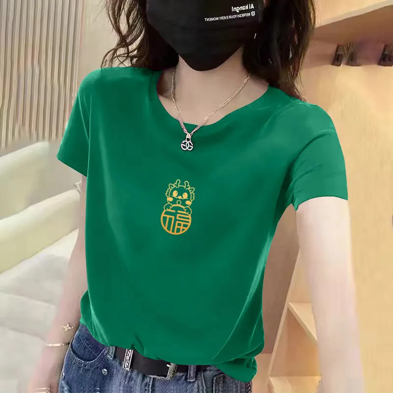 Camiseta Holgada de Algodón para Mujer, Cuello Redondo, Versátil, Talla Grande, Estilo Coreano, Informal, para Verano