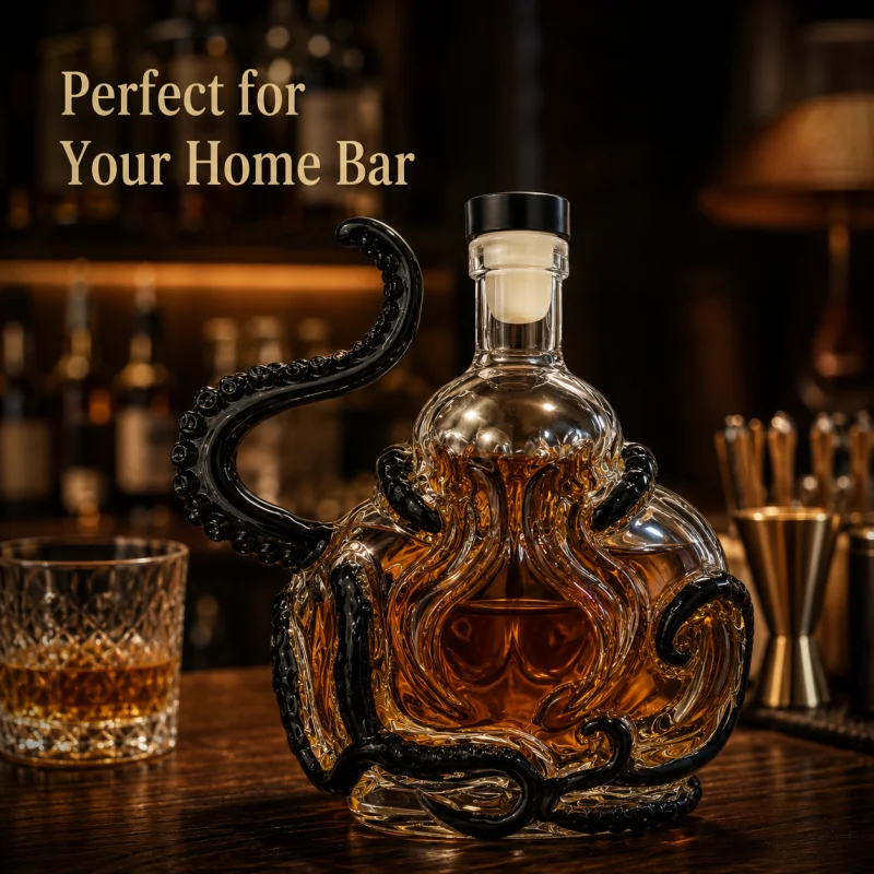 Unique Octopus Shape Crystal Decanter Black Tentacle Glass Liquor Bottle Airtight Stopper Whiskey Wine Carafe Home Bar Decor