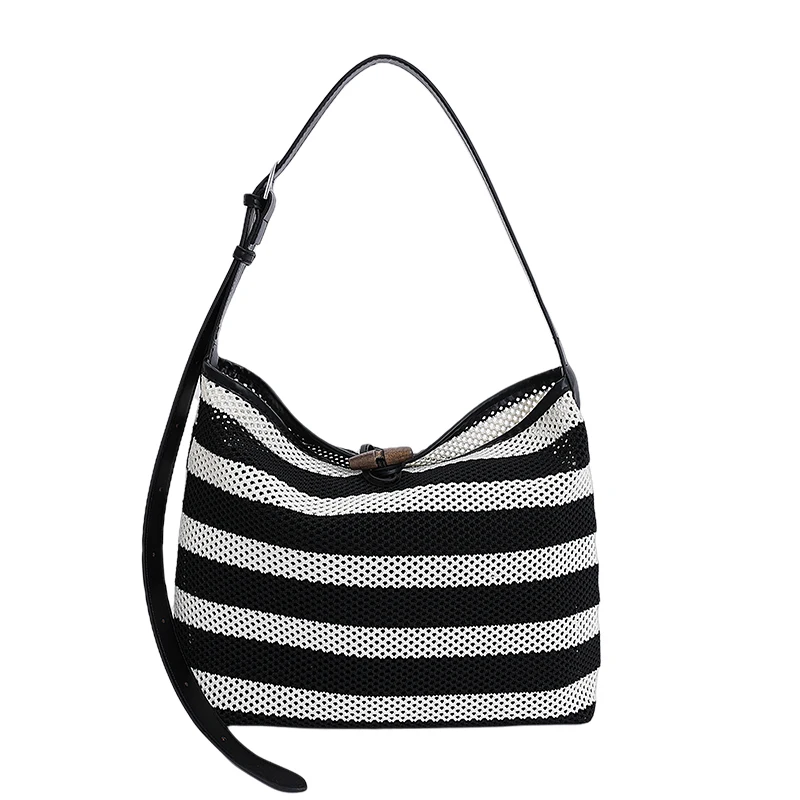 

Ladies handbags. Black & White Striped Bucket Bag – Oversized Beach Tote for Women, Versatile Shoulder/Crossbody Vacation Bag