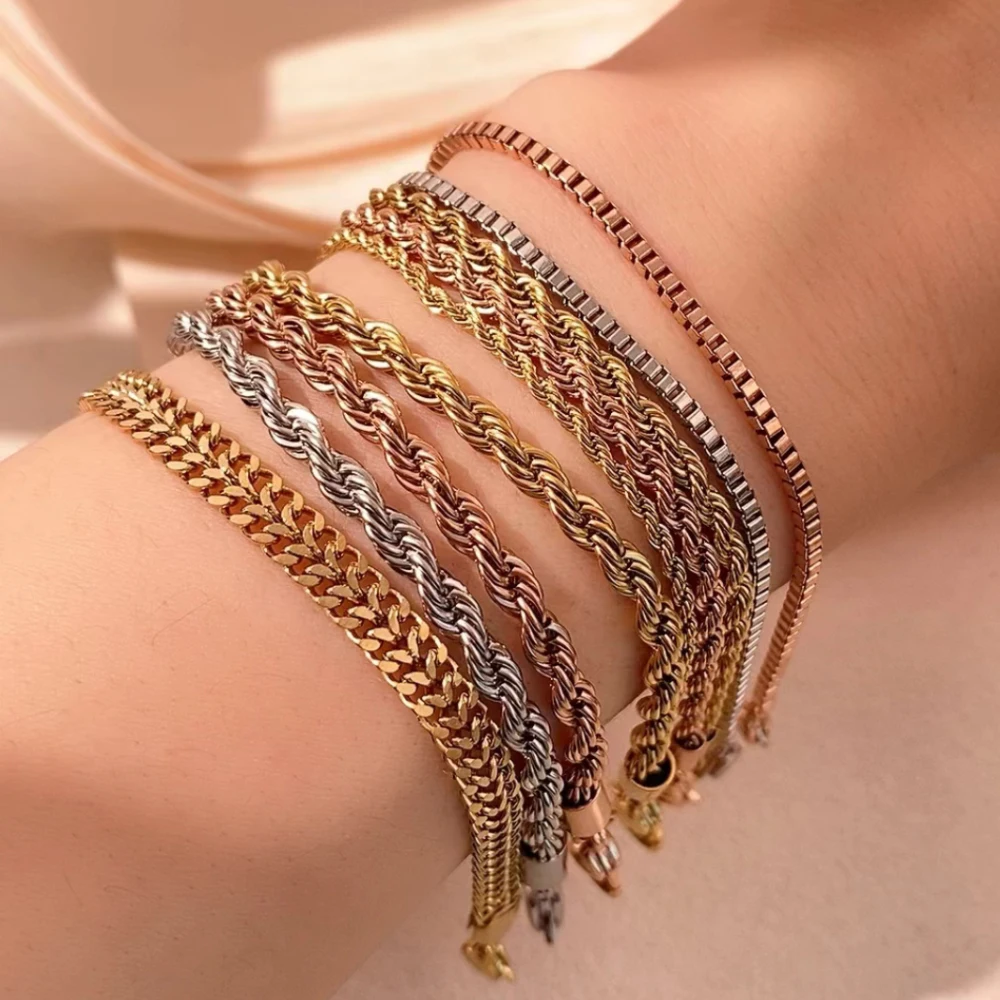 Klassisches Einfaches Seil-Box-Kubanisches Kettenarmband Edelstahl PVD Goldplattiert Wasserfest Farbbeständig Unisex-Schmuck