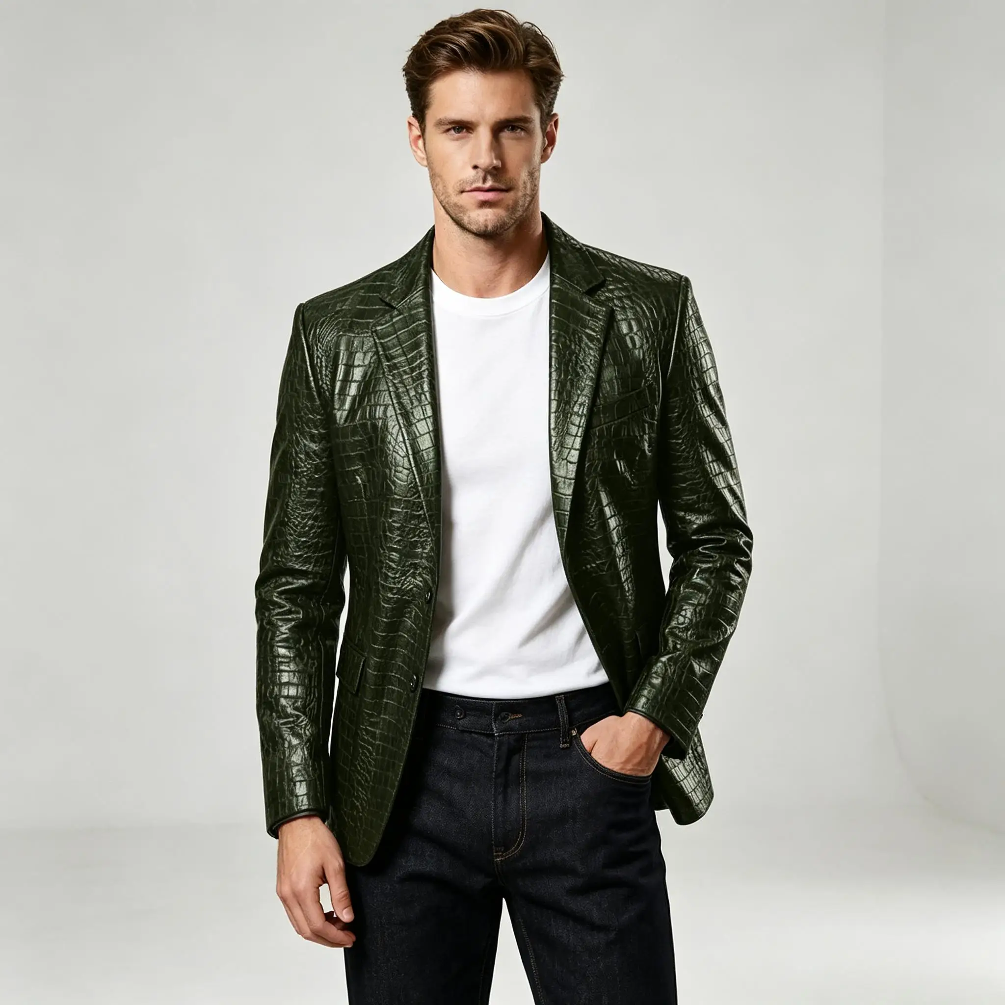 Men Crocodile Texture Leather Blazer Notched Lapel Slim Fit Single Breasted Suit Jacket Nightclub Party Business Outer Coat