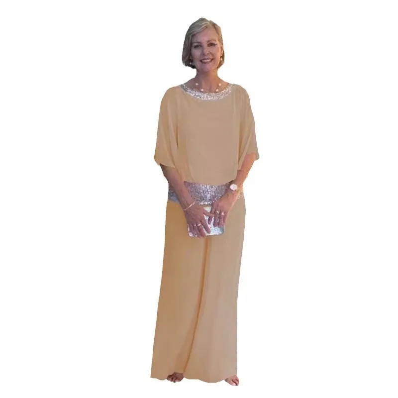 Summer new women's suit casual round neck sequin color matching wide-leg pantsuit women