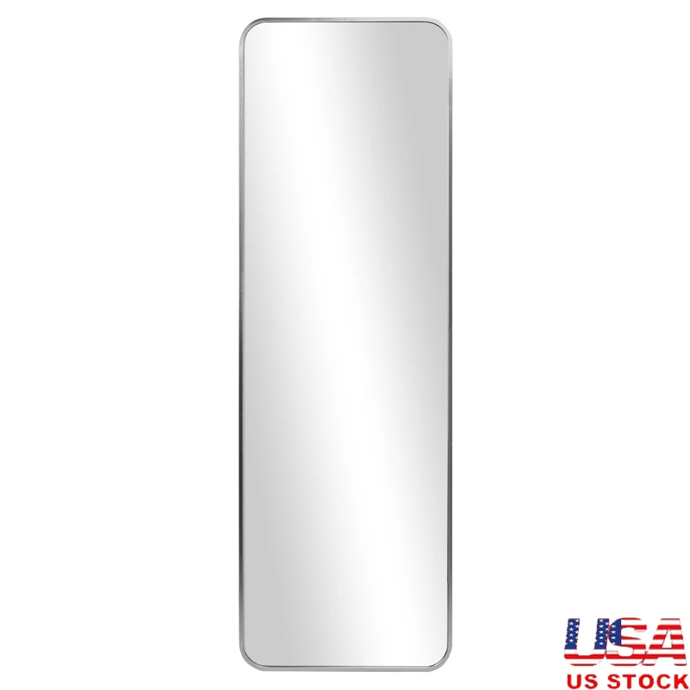 Elegant Aluminum Rounded Rectangle Leaner Mirror 17x53 Silver Finish Wall Mount Anti-tip Hardware Home Decor