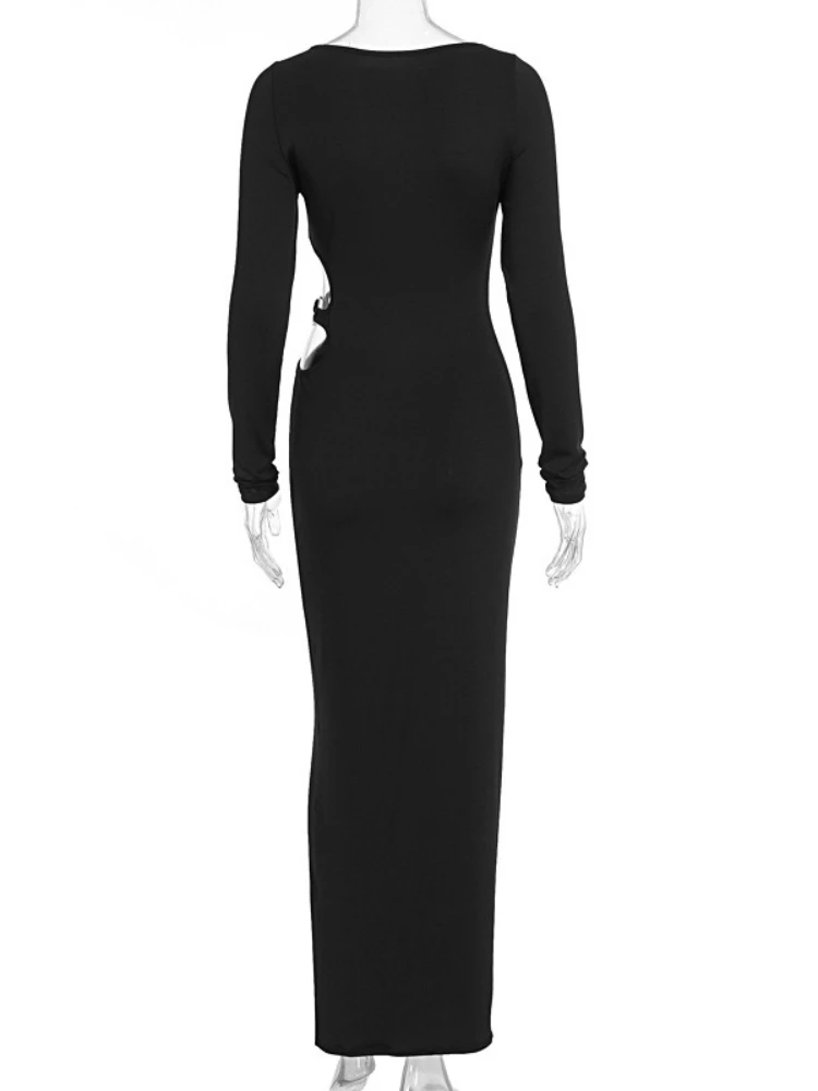 SsTss 2025 أزياء المرأة الخريف Bodycon اللباس الصلبة س الرقبة طويلة الأكمام قطع التفاصيل سليم صالح حزب ماكسي اللباس العصرية الزي