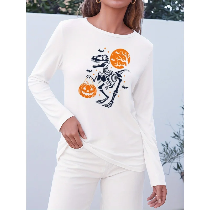 Women Long Sleeve T-shirt Halloween Dinosaur Skeleton Pumpkin Moon Bat Print Crew Neck Casual Tee