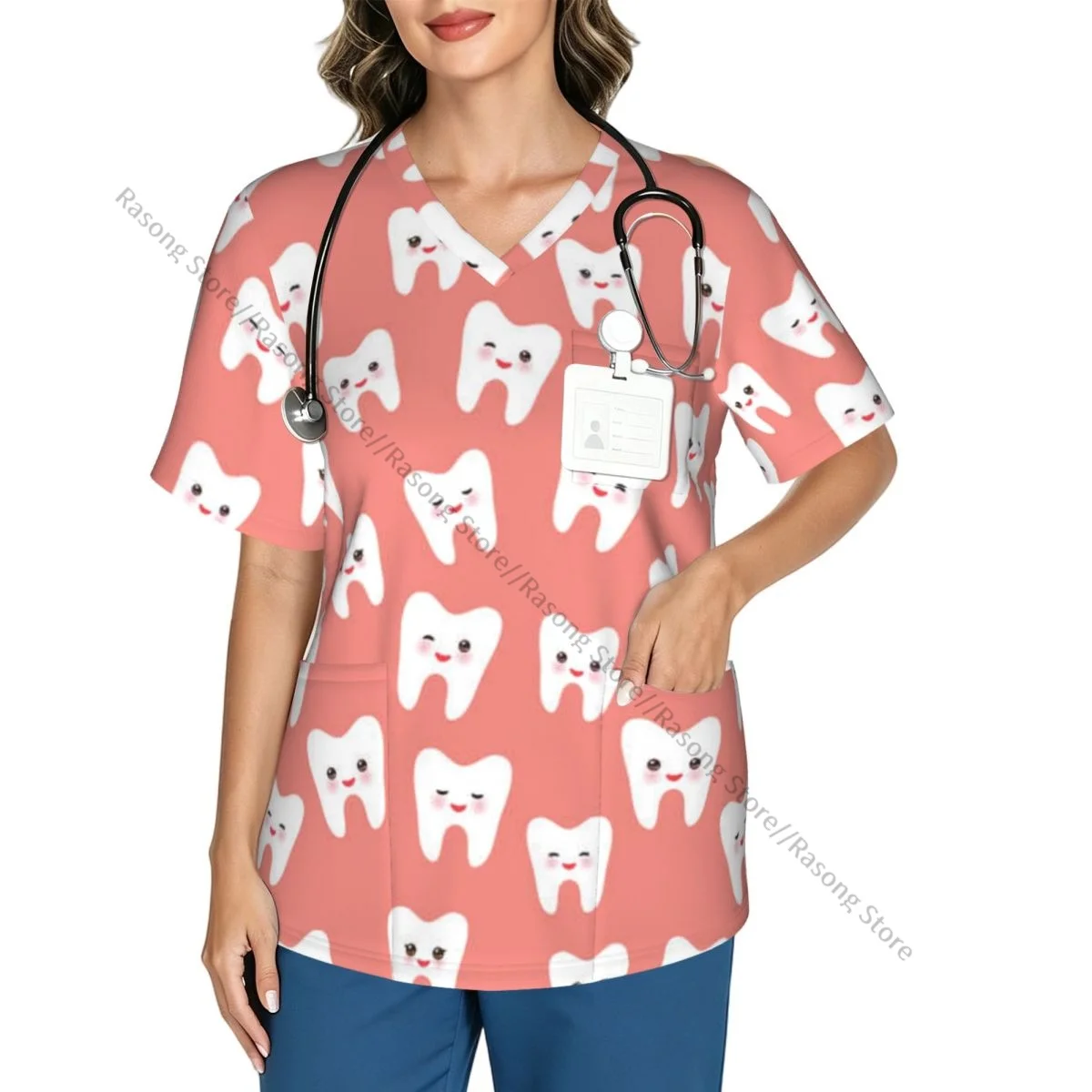 Women V Neck Scrub Top Cartoon Teeth With Funny Faces Short Sleeve Nurse Hospital Uniforms Female Salon Working Clothes