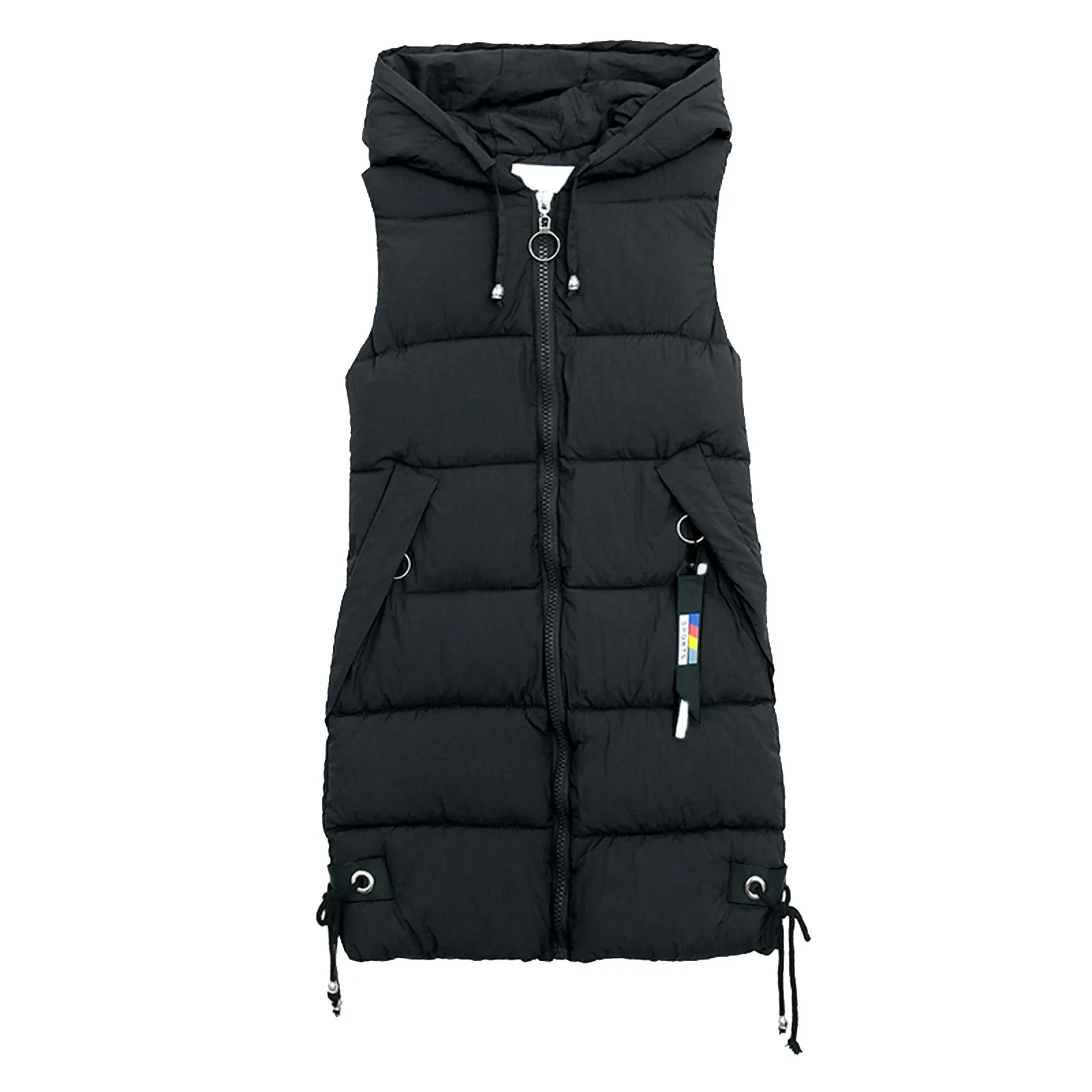 Women Solid Hooded Vest Zipper Pocket Loose Sleeveless Jacket Long Down Coat Female Winter Warm Vest Cold-Proof Puffer Coats