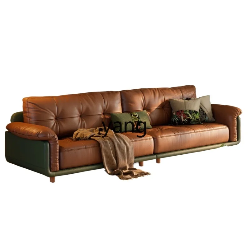 

TGF French retro leather sofa straight row living room three people first layer cowhide sofa