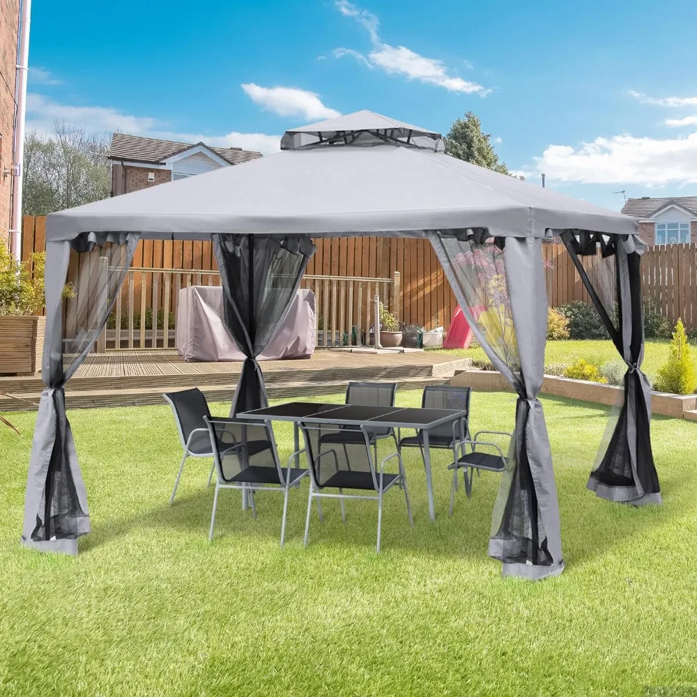 9.6' x 9.6' Outdoor Pergola Patio Canopy with 2-Tier Roof,Tent W/Drainage Holes and Netting,for Lawn,Garden,Backyard and Deck