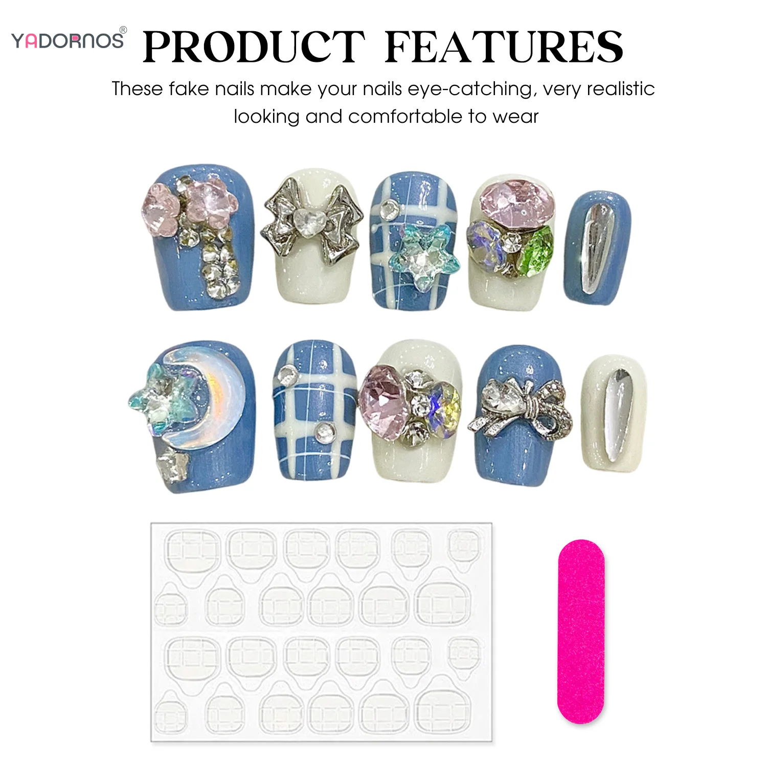 10 szt. Niebiesko-biała ręcznie robiona prasa na paznokciach krótkie kwadratowe sztuczne paznokcie 3D z kokardką z motywem gwiazdy księżyca nadające się do noszenia do paznokci tipsów do Manicure