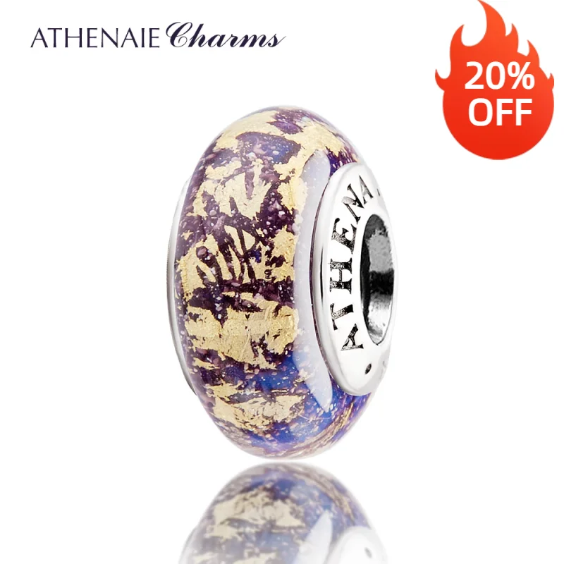 ATHENAIE Genuine Murano Glass Beads 925 Silver Core Fantasy Purple with Gold Foil Charm Bead Fit All European Bracelets Necklace