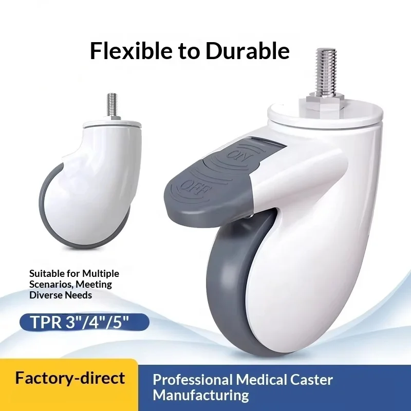 TPR Silent Caster Wheels 3/4/5‑Inch Screw Type With Brake for Medical Cart