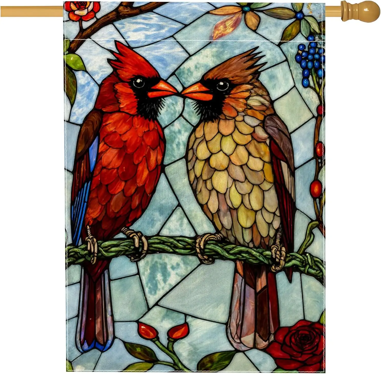 Cardinal House Flag, Stained Glass Nature Branch Flower Spring Red Burlap Double Sided Decorative Outside Porch Flags for Ou ZZM