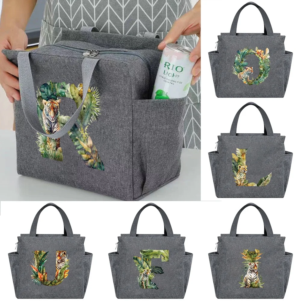 Multi Pocket Canvas Lunch Bag Jungle Tiger Letter Print Storage Tote Bag Casual Handbag for School Outdoor Picnic Travel