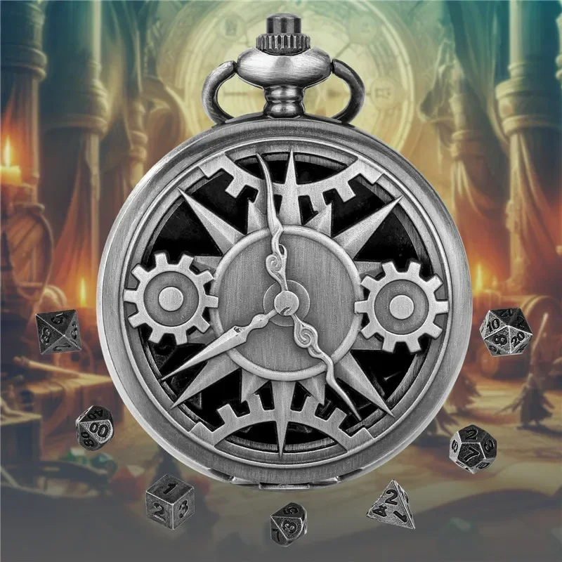 Steampunk 7pcs/set Metal Polyhedral Dices Hollow Out Gear Cover Pocket Watch Case FOB Chain Role Playing Board Games Accessories