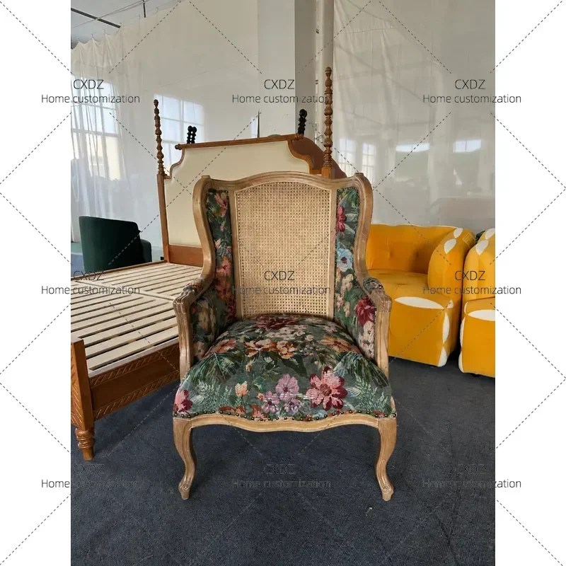 Retro Solid Wood Rattan Armchair Single Seat Woven Cane Lounge Chair with Floral Cushion for Living Room Bedroom Home Decor