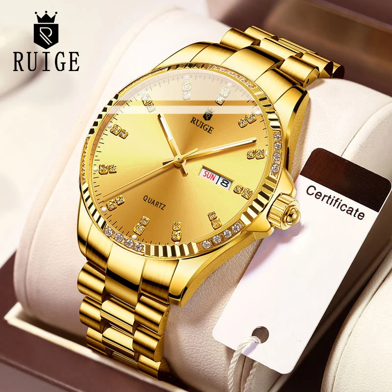 루이게 럭셔리 듀얼 캘린더 남성용 시계 스테인리스 스틸 야광 방수 비즈니스 남성용 골드 시계