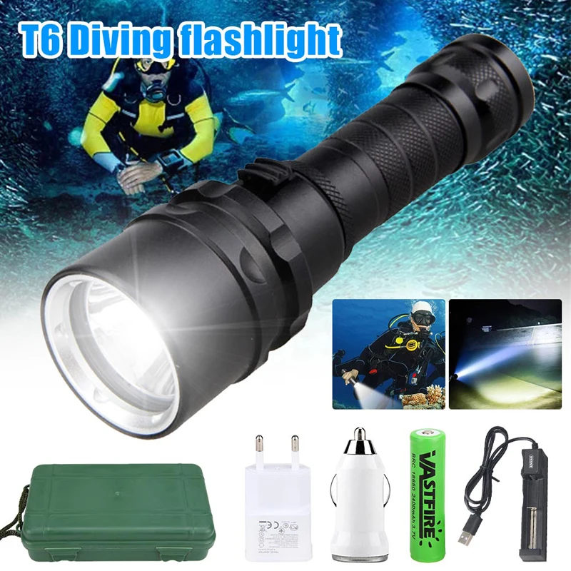 

6000LM 5*LED Diving Scuba Flashlight Underwater 100M Waterproof Portable Rechargeable Diver Lantern Torch+18650+USB Charger