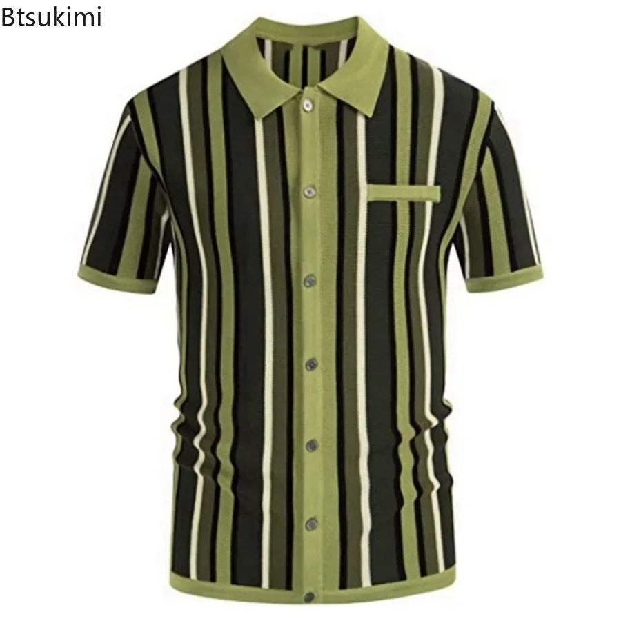 2024 Men\'s Summer Casual Knitted Shirts British Retro Stripe Patchwork Knitted Short Sleeve Jacquard Business Polo Shirt Male