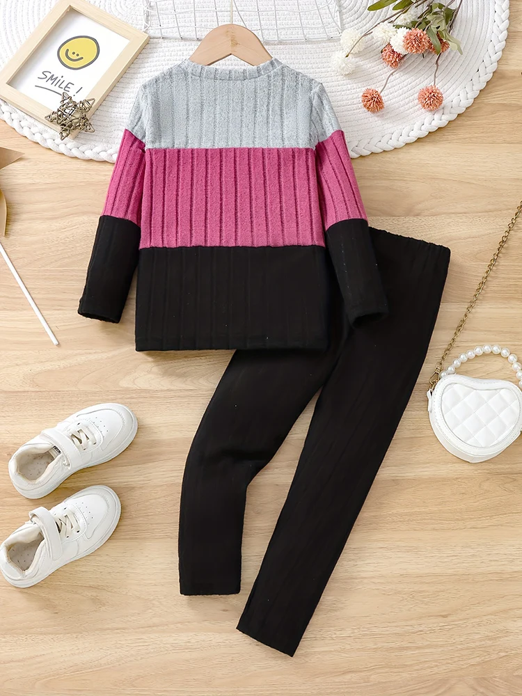 2-piece Girls' Thin Spring and Autum Color-blocked Long-sleeved Round Neck Pullover, Comfortable and Soft Pants Set