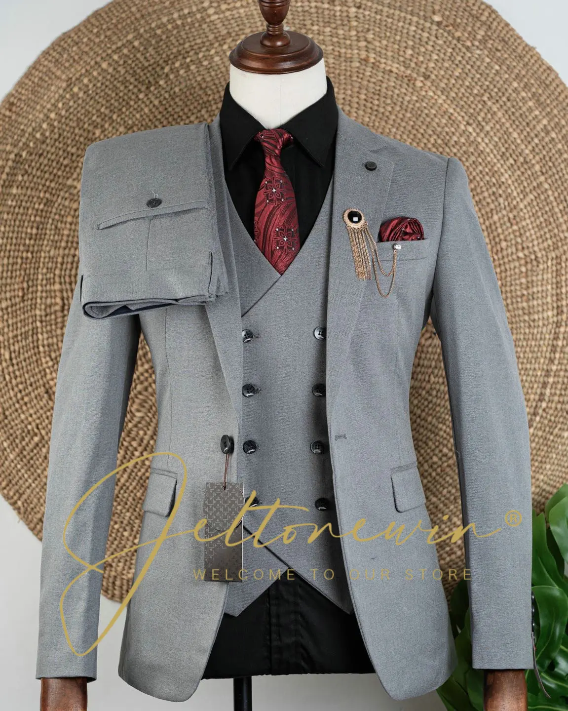 

Мужской серый костюм-тройка с пиджаком на одной пуговице и двубортным жилетом, приталенная официальная одежда для свадебной вечеринки, жениха