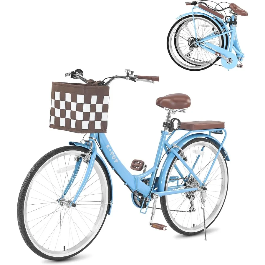 

24 26-дюймовый складной пляжный крейсер, 7-скоростной пляжный крейсер-велосипед для женщин, женский дорожный велосипед с корзиной, ступенькой через город