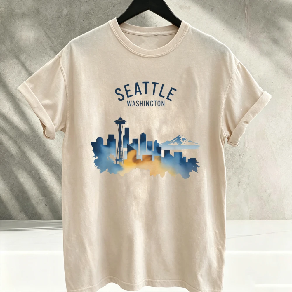 Seattle City Skyline Gradient Space Needle Mountain Graphic T‑Shirt Urban Watercolor Cityscape Travel Souvenir Print Cotton Tees