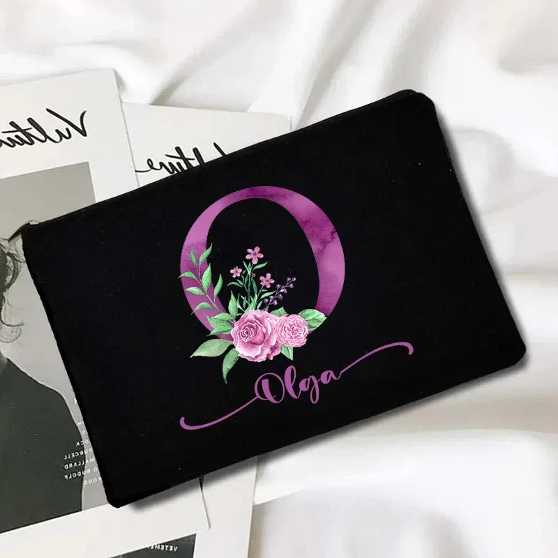 Purple Flower Customized Name Makeup Bag Personalized Bridesmaid Wedding Makeup Box Women Toilet Organizer Wash Wallet Side Bag