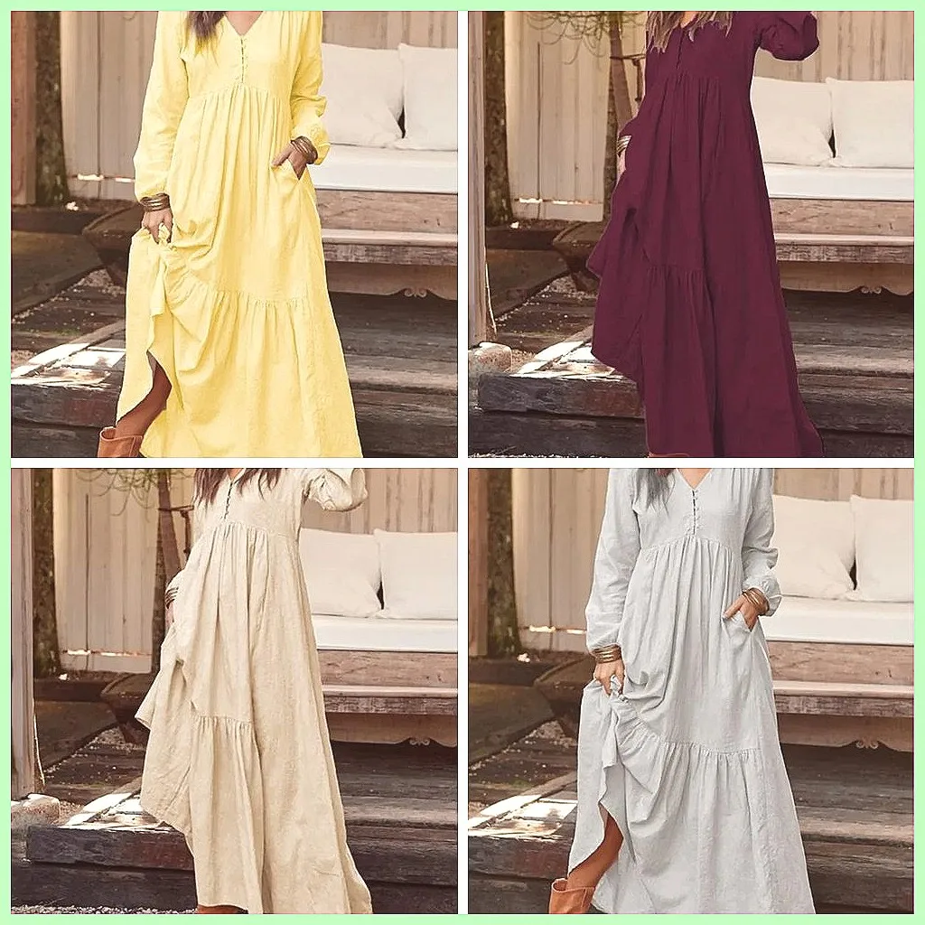 Autumn Winter Women's Long Swing Dress, Retro V-Neck Button Down Long Sleeve Casual Cotton Maxi Dress
