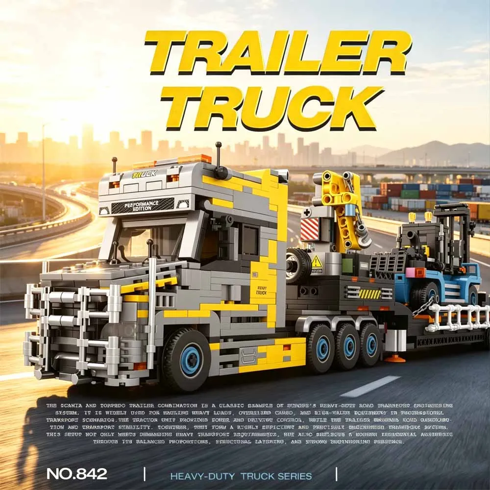 classic Model Technical Trailer Truck Building Blocks Set, Heavy-Duty Transport Vehicle Assembly Bricks Toy Gift Adults 1404pcs