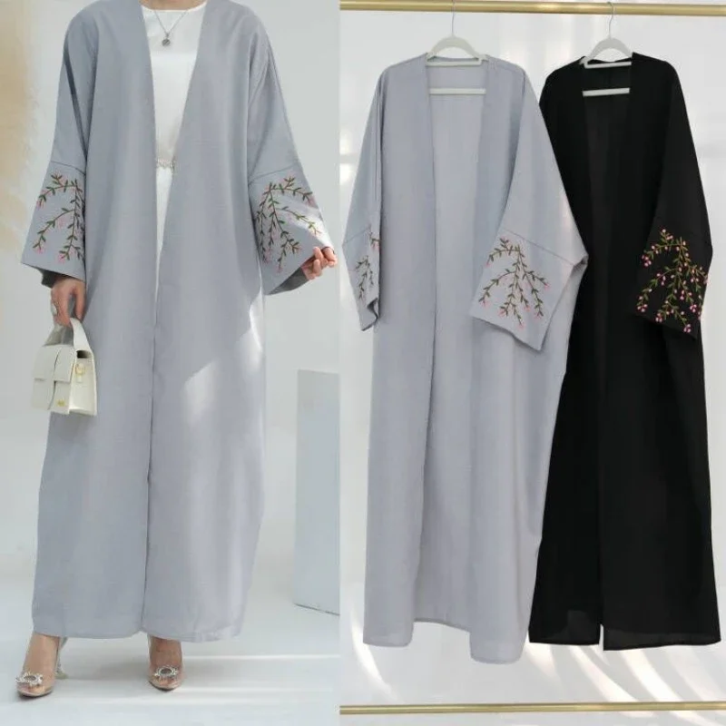 UNI Women Flower Embroidery Open Front Abaya Long Sleeve Maxi Length Dress Womens Clothing Muslim Cardigan Abayas Kaftan