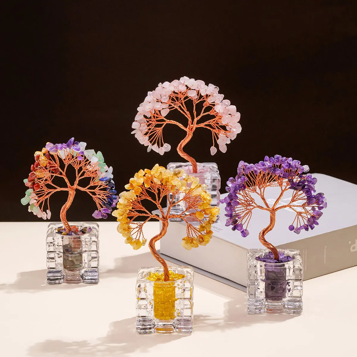 Cubo mágico de cristal Natural, maceta del Tesoro de cristal, adorno de árbol de la suerte, amatista y citrino, regalo decorativo de escritorio para el hogar, 1 ud.