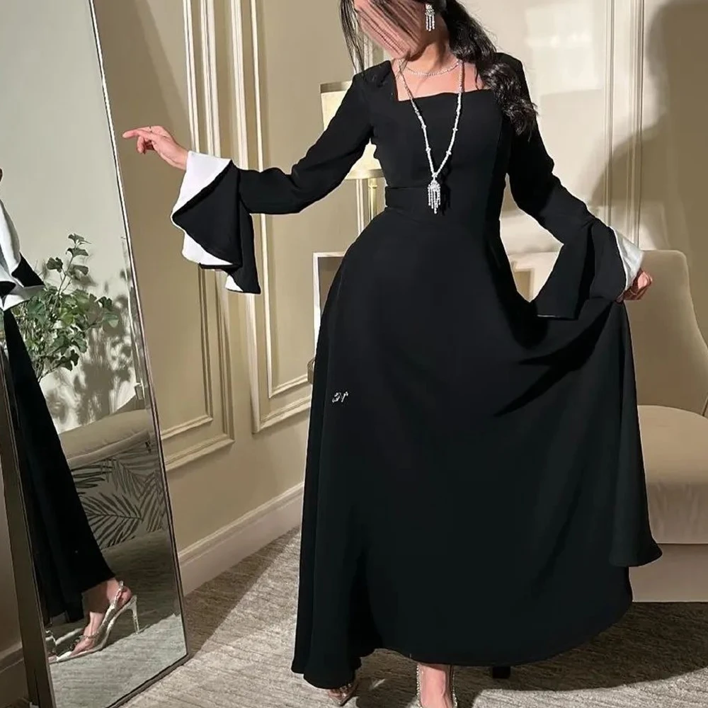 

Black Jersey Straight Tea Length Square Neck Long Sleeves Evening Dress Elegant Pleats Ruffles Pearls Bespoke Occasion Gowns