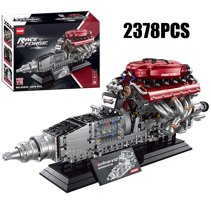 

2378PCS V12 Sports Car Engine Model Building Blocks With Power Motor Spray Simulation Capable Construction Bricks Toy Gift