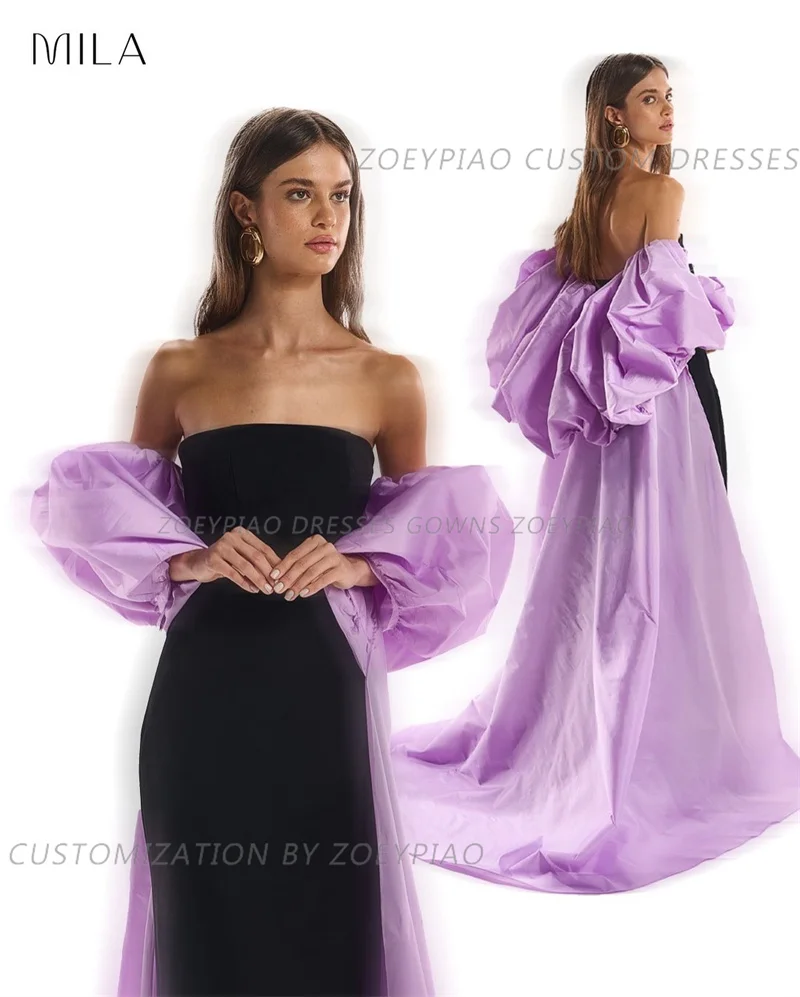 Handmade Strapless Evening Gowns com capa destacável, vestidos de baile, mangas compridas, evento formal, preto