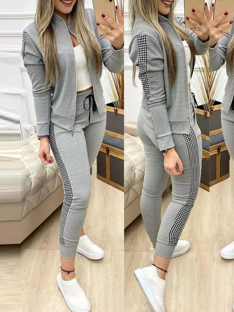 Colorblock Crop Top & High Waist Pants & Hooded Coat Set Casual Women 3 Piece Set Outfits Sleeve Style Clothing Length Collar