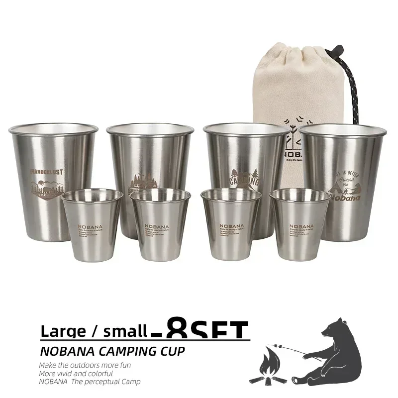 Outdoor 304 Stainless Steel Cup Set Camping 4/6/8PCS Hiking Portable Water Cup for Travel Coffee Picnic Barbecue Beer with Bag