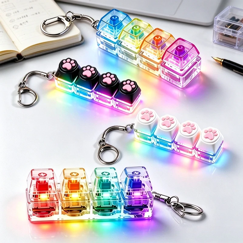 High Quality Glowing Keyboard Keychain Pressable Decompression Design Fidget Toy Anxiety Relief Desktop Ornament Office Gift