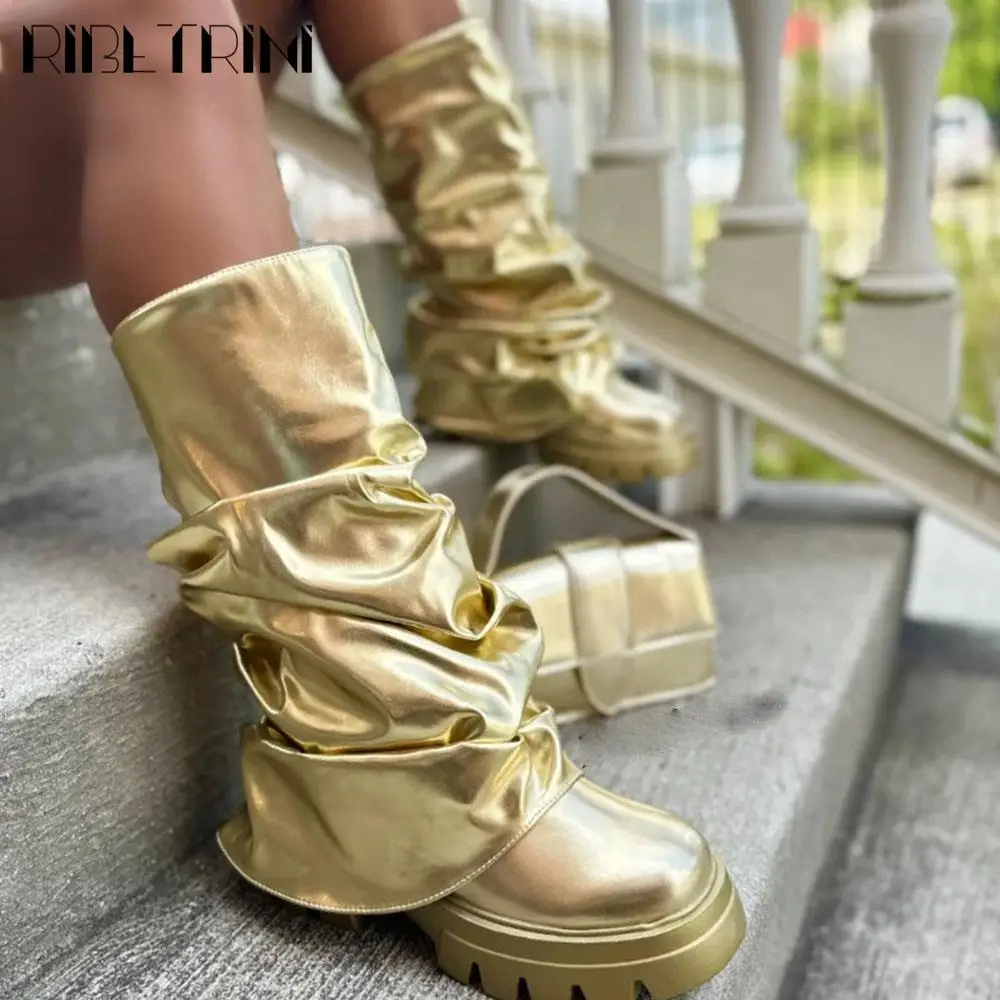 

Metallic Mid Calf Boots In Gold Women Chunky Heeled Fold Over Platform Knee High Shoes 2023 Brand Luxury Designer Street Boots