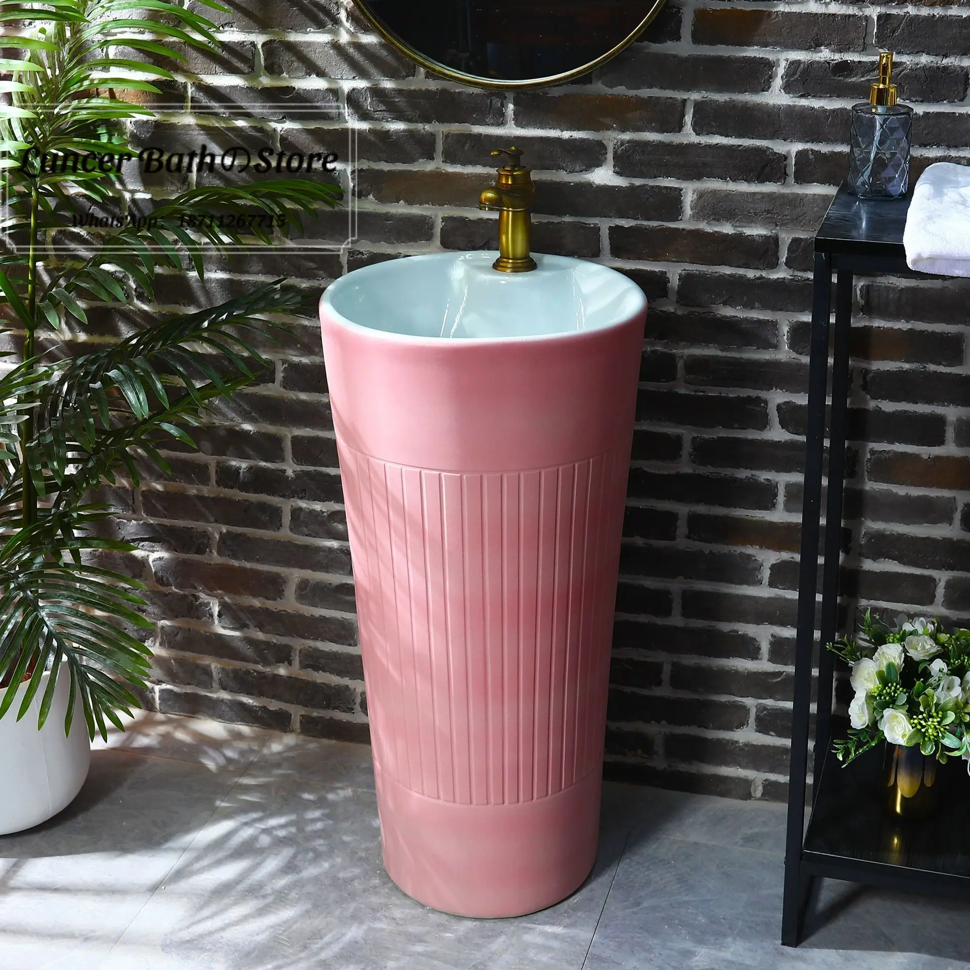 Nordic Minimalist Pink Ceramic Pedestal Sink Integrated One-piece Washbasin Floor Standing Vanity for Home Hotel Homestay