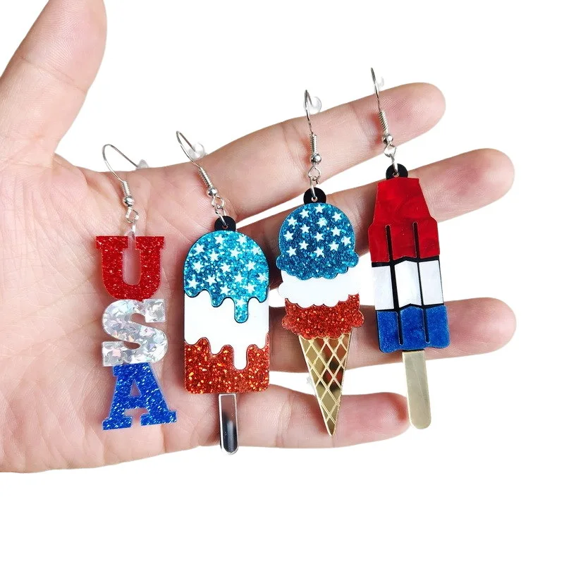 New Independence Day earrings American Flag Five-pointed Star Print Acrylic Ice Cream USA Popsicle Earrings Wholesale