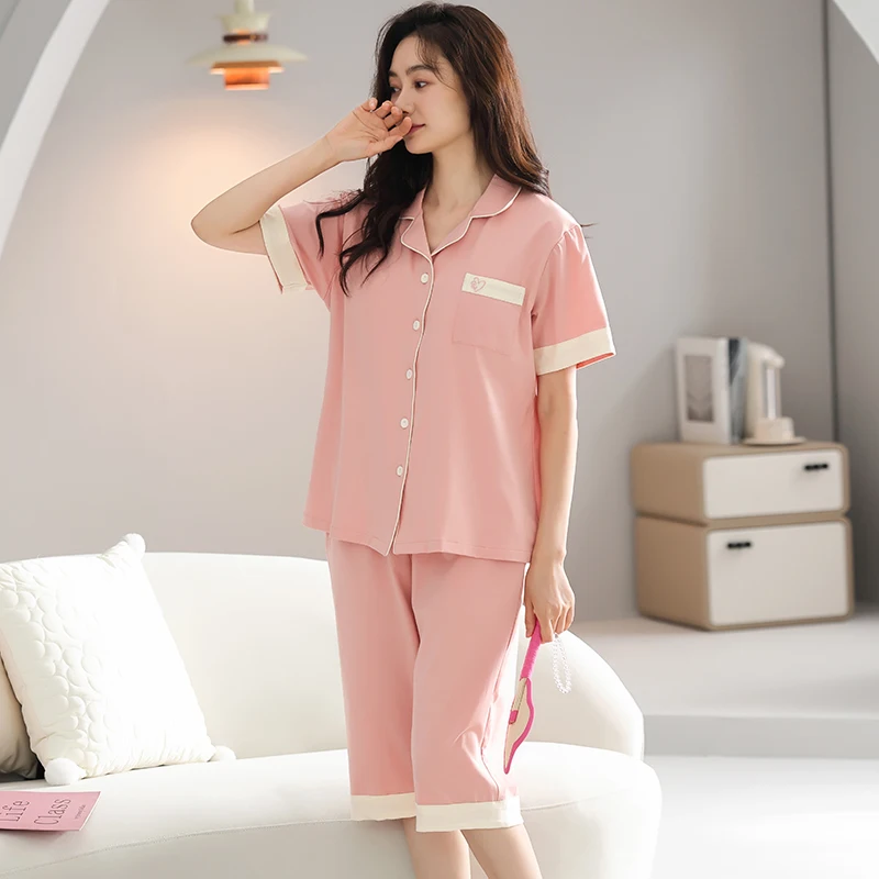 Big Size M-4XL Women Turn-down Collar Pajama Set With Chest Pad Summer Modal Short Sleeve Sleepwear