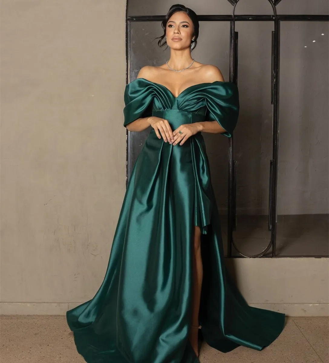 Customized Long Off Shoulder Satin Evening Dresses with Pockets A-Line Pleated Watteau Train Zipper Back Prom Dress for Women