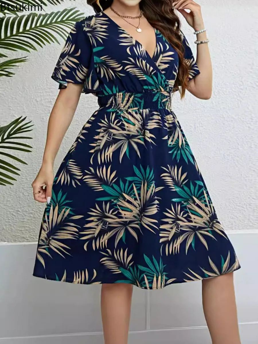 2024Women's Plus Size stampa tropicale scollo a V manica a farfalla abito vacanza Boho Beach Casual Summer Midi Fashion Dress Big Size